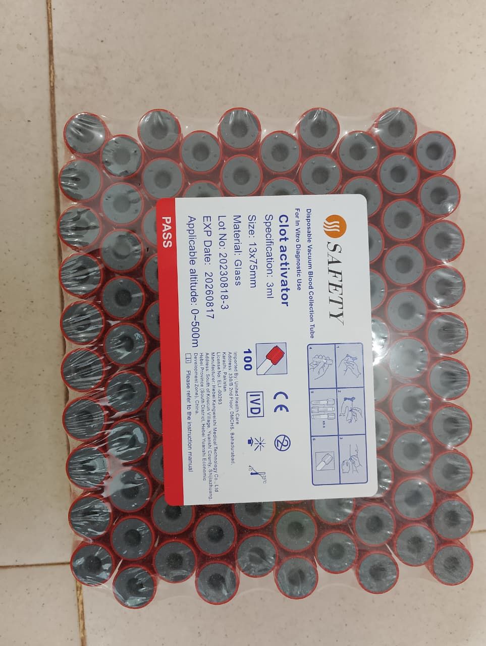 SAFETY Clot Activator Vacuum Blood Collection Tubes (Glass, 3ml, 13x75mm) - Pack of 100 View Gallery - Pakistan