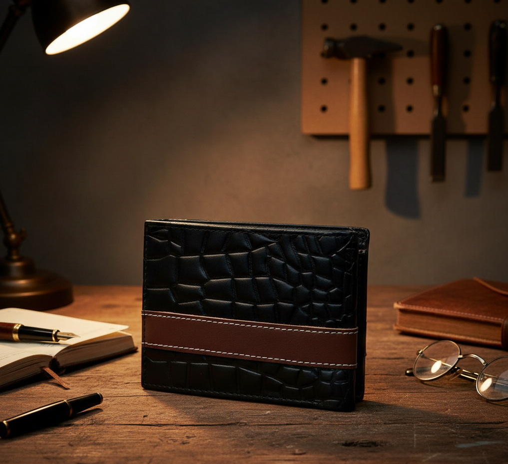 Men’s Croc-Texture Cow Leather Wallet – Black with Maroon Strip | Stylish Bifold Slim Wallet View Gallery - Pakistan