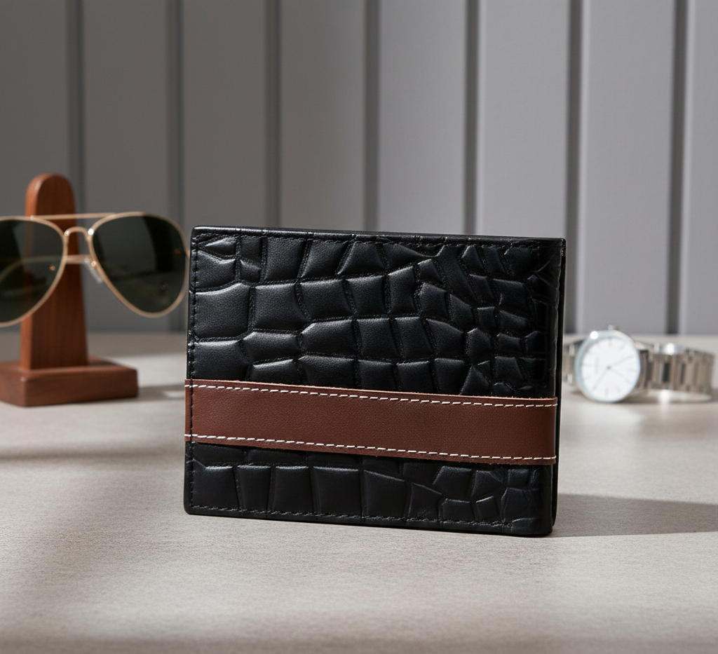 Men’s Croc-Texture Cow Leather Wallet – Black with Maroon Strip | Stylish Bifold Slim Wallet View Gallery - Pakistan