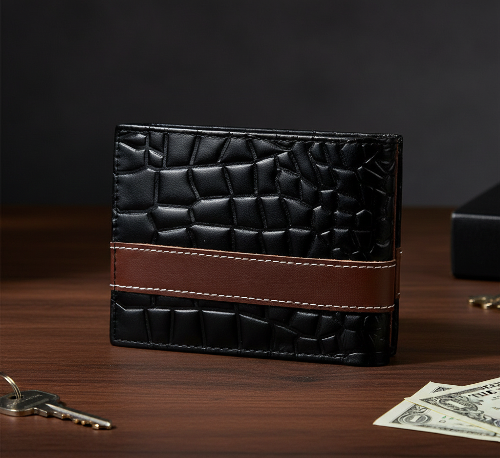 Men’s Croc-Texture Cow Leather Wallet – Black with Maroon Strip | Stylish Bifold Slim Wallet View Gallery - Pakistan