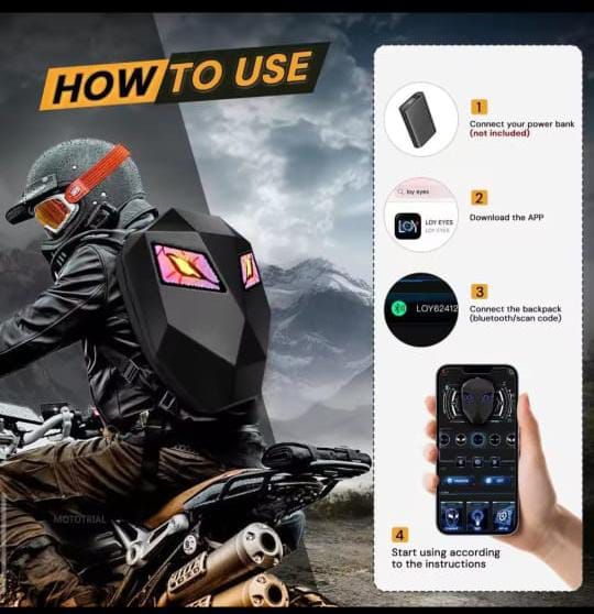 LED Motorcycle Backpack with LED Eye – Night Riding Backpack & Helmet Accessory for Bikers- (power bank not included) View Gallery - Pakistan