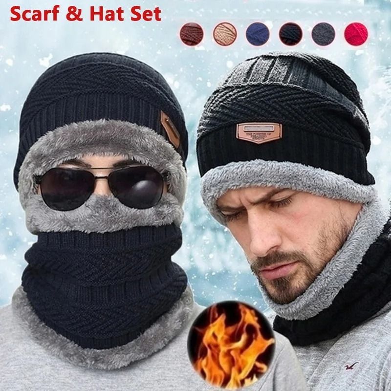 Winter Beanie Hat For Men Fleece Scarf Women Knitted Hat Warm Cap Thick Wool Neck Warmer Scarf Balaclava Mask Skullies Beanies (Random Color) View Gallery - Pakistan