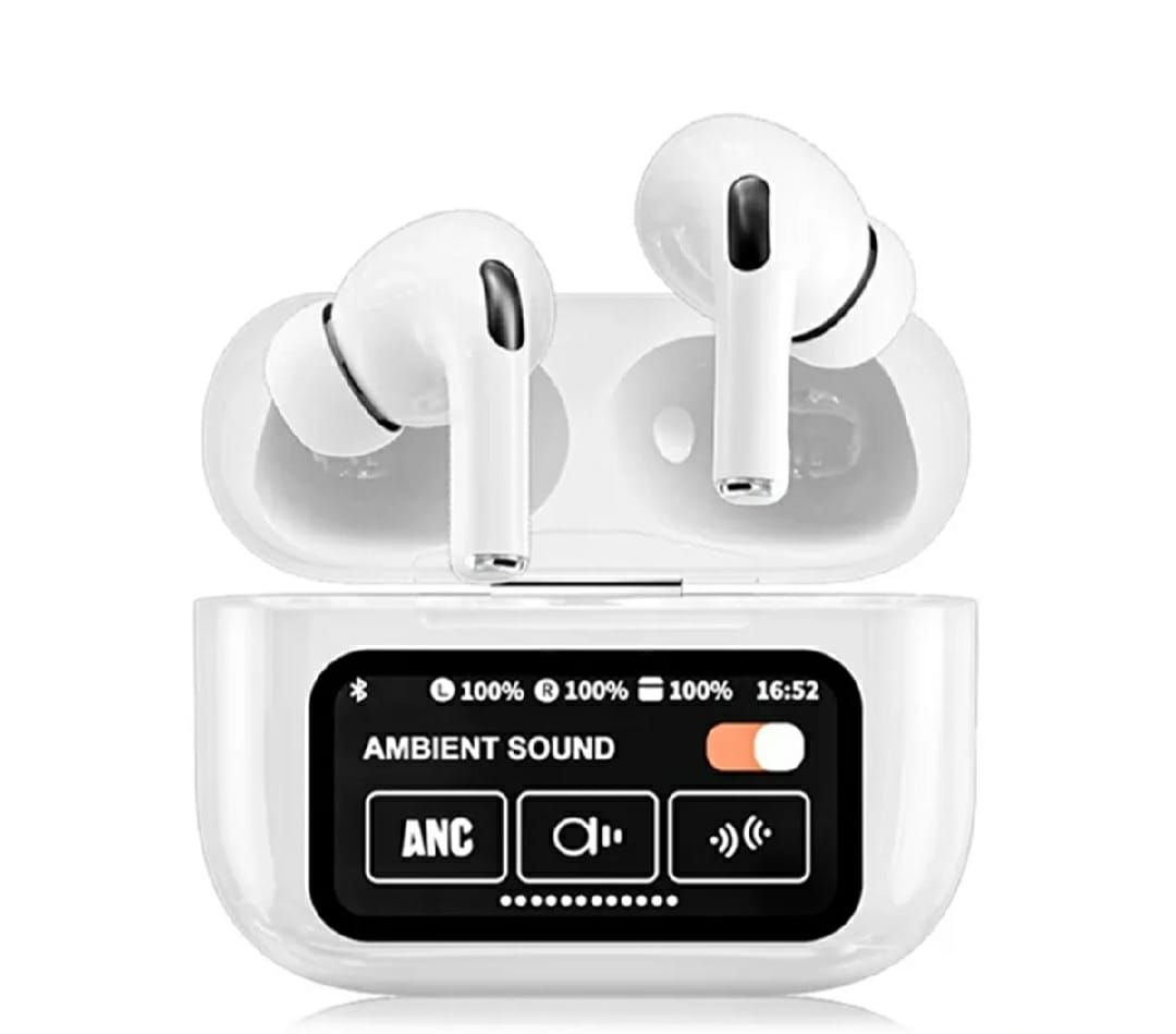 A9 Pro Earbuds With Anc Technology Sleek Matte Black Design Led Indicator Built In Screen And Clear Sound Quality