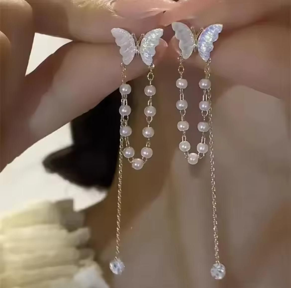 S925 Elegant Butterfly with Pearl Tassels Drop Earrings – Delicate, Feminine &amp; Stylish Fashion Jewelry for Women &amp; Girls