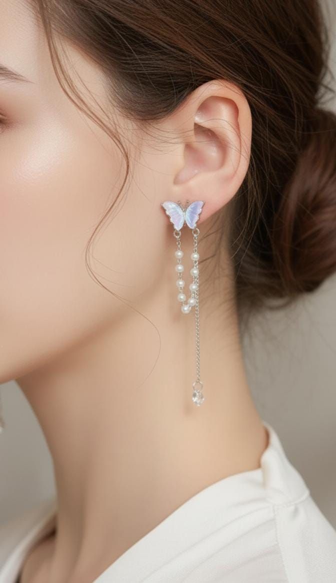 S925 Elegant Butterfly with Pearl Tassels Drop Earrings – Delicate, Feminine & Stylish Fashion Jewelry for Women & Girls View Gallery - Pakistan