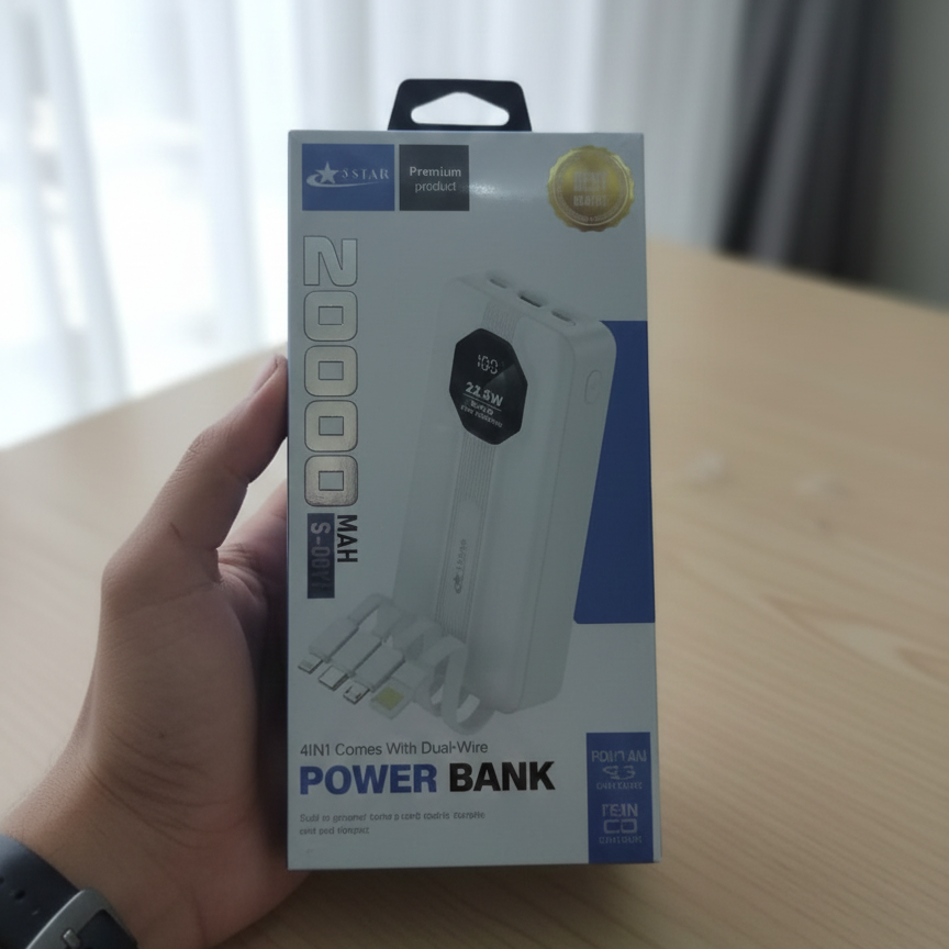 20,000mAh High-Capacity Power Bank With Built-in Cables | 22.5W Fast Charging | Digital Display | Type-C + iPhone Wires