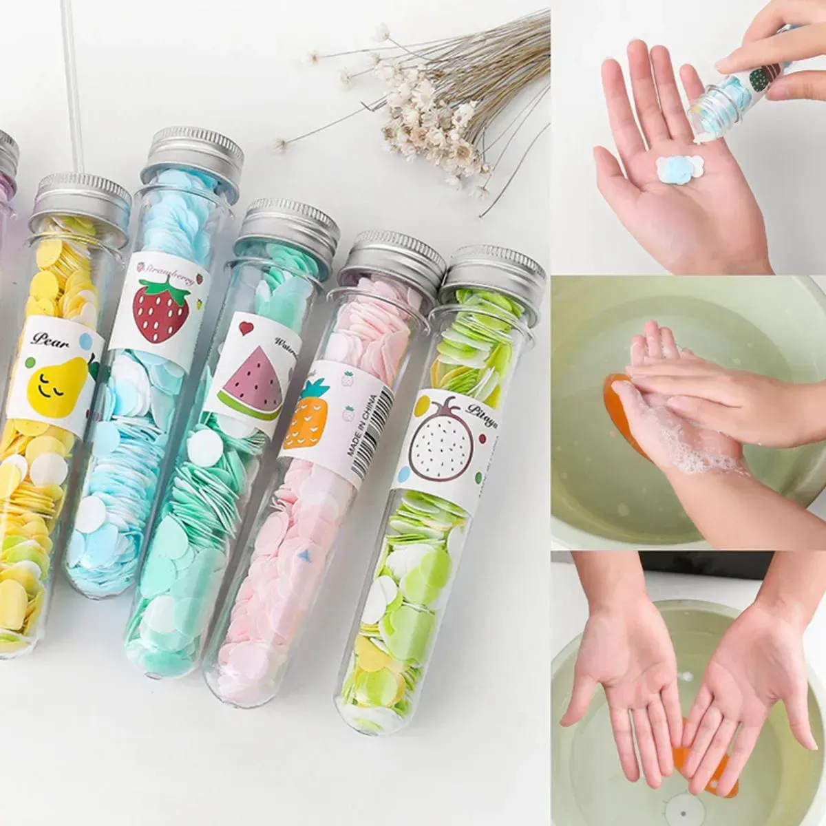 100 PCS Disposable Flower Paper Soap with Portable Tube – Multi-Color Travel Sheets for Hand Washing & Outdoor Use- Random Color View Gallery - Pakistan