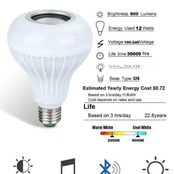 Smart E27 LED RGB White 12W Wireless Bluetooth Speaker Bulb Lamp Colorful Changing Light Remote and App Control View Gallery - Pakistan
