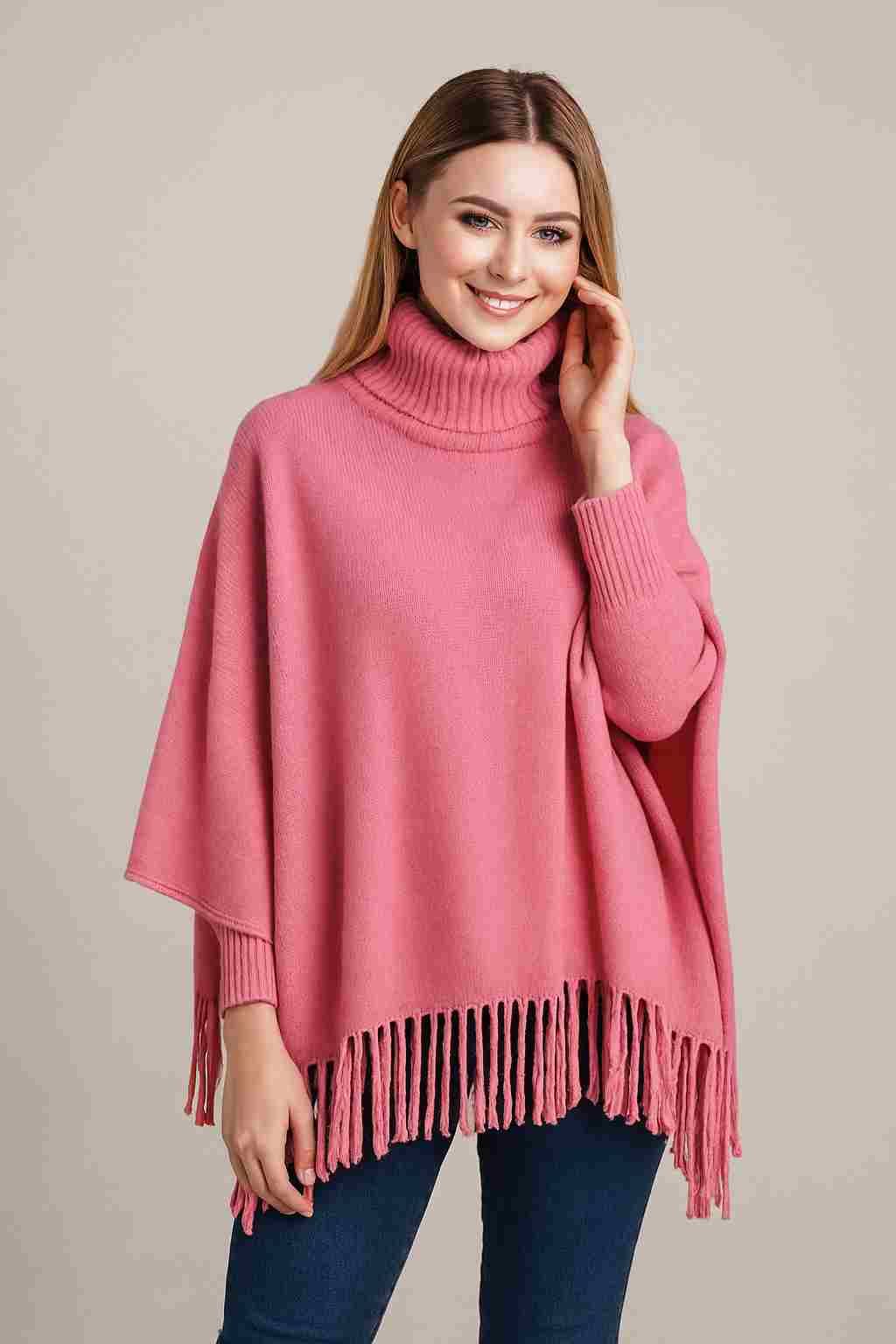 Winter Fleece Poncho with High Neck, Tassel Design &amp; Adjustable Short Sleeves – For Girls/Princess Free Sizes