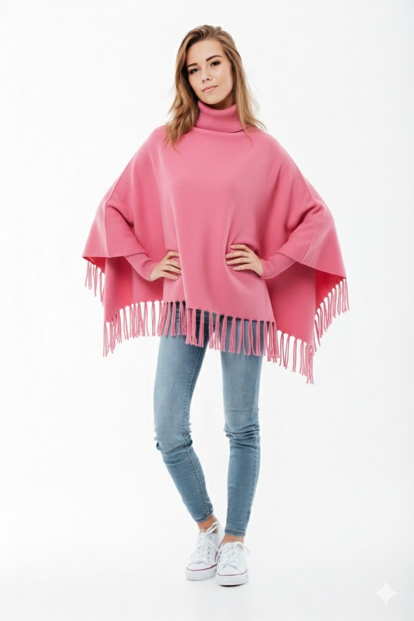 Winter Fleece Poncho with High Neck, Tassel Design & Adjustable Short Sleeves – For Girls/Princess Free Sizes View Gallery - Pakistan