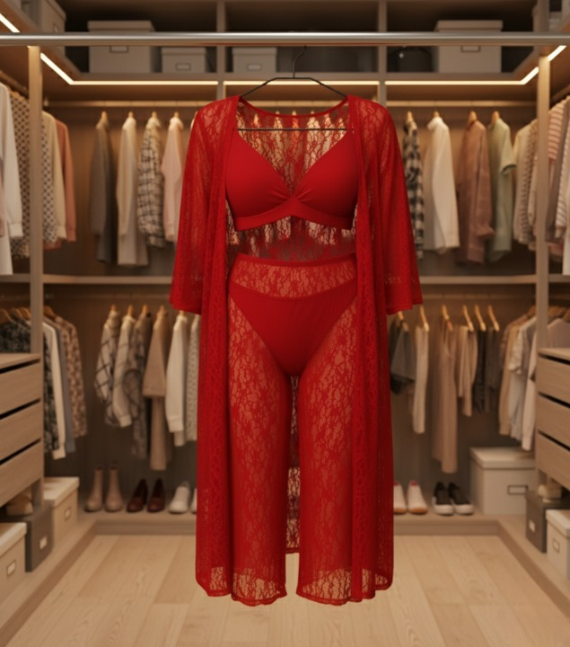Luxurious Net Transparent Lace 4-Piece Nightwear Set – Stylish Free-Size Lounge And Sleepwear Including Gown, Bra, Panty, And Trouser View Gallery - Pakistan
