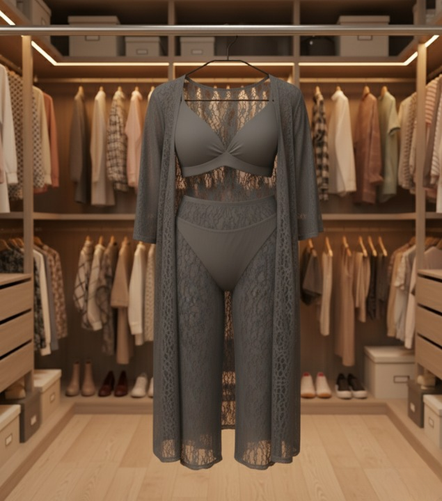 Luxurious Net Transparent Lace 4-Piece Nightwear Set – Stylish Free-Size Lounge And Sleepwear Including Gown, Bra, Panty, And Trouser View Gallery - Pakistan