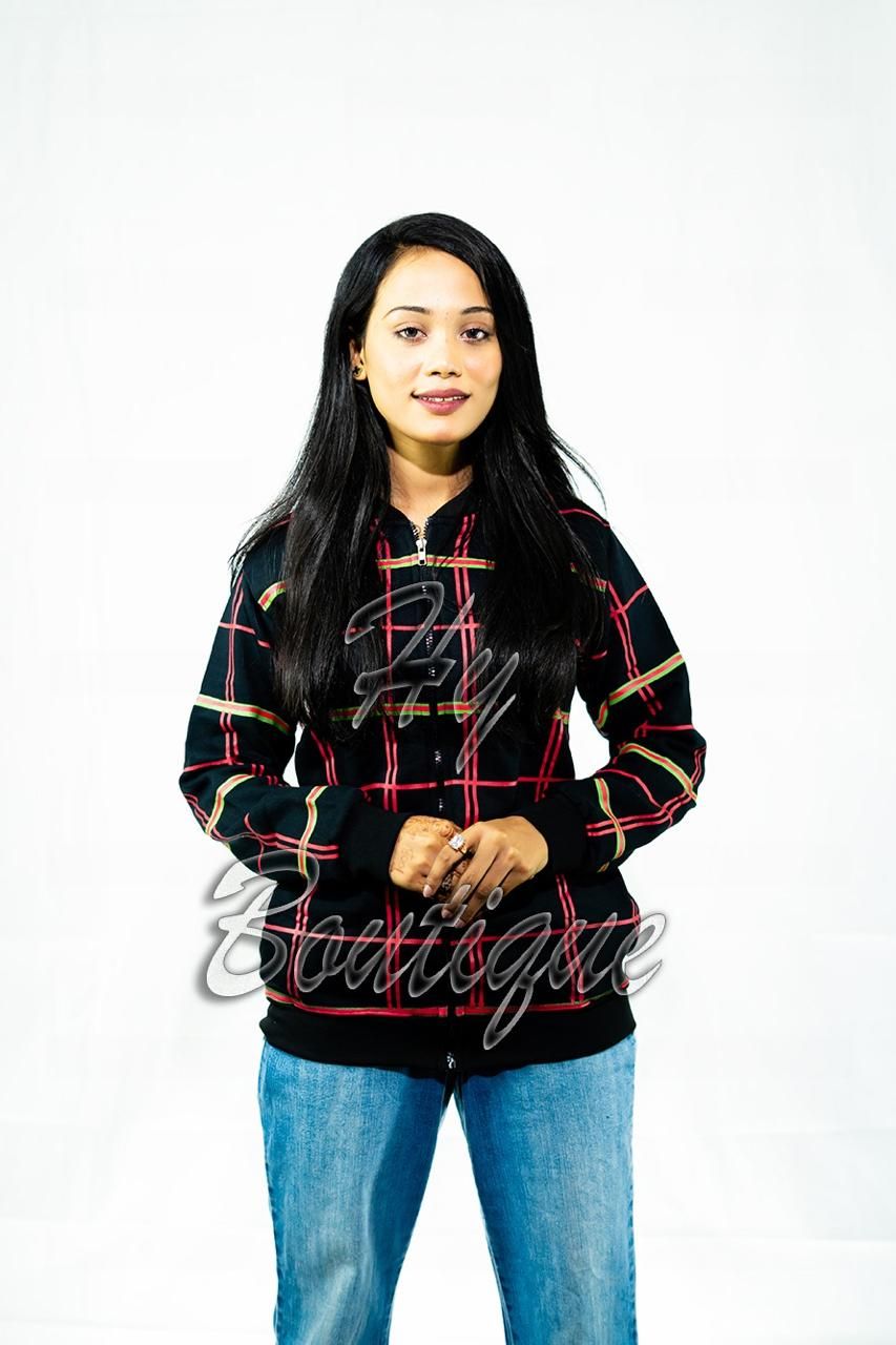 Winter Collection Women’s Red &amp; Green Lining Print Jacket | Stylish &amp; Warm Outerwear | Trendy Winter Fashion for Ladies