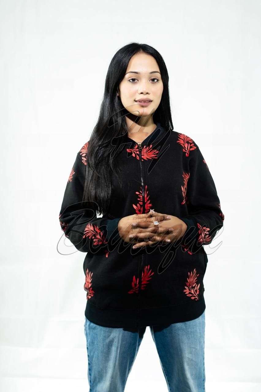 Winter Collection Women’s Red Leaf Print Jacket | Stylish &amp; Warm Outerwear | Trendy Winter Fashion for Ladies