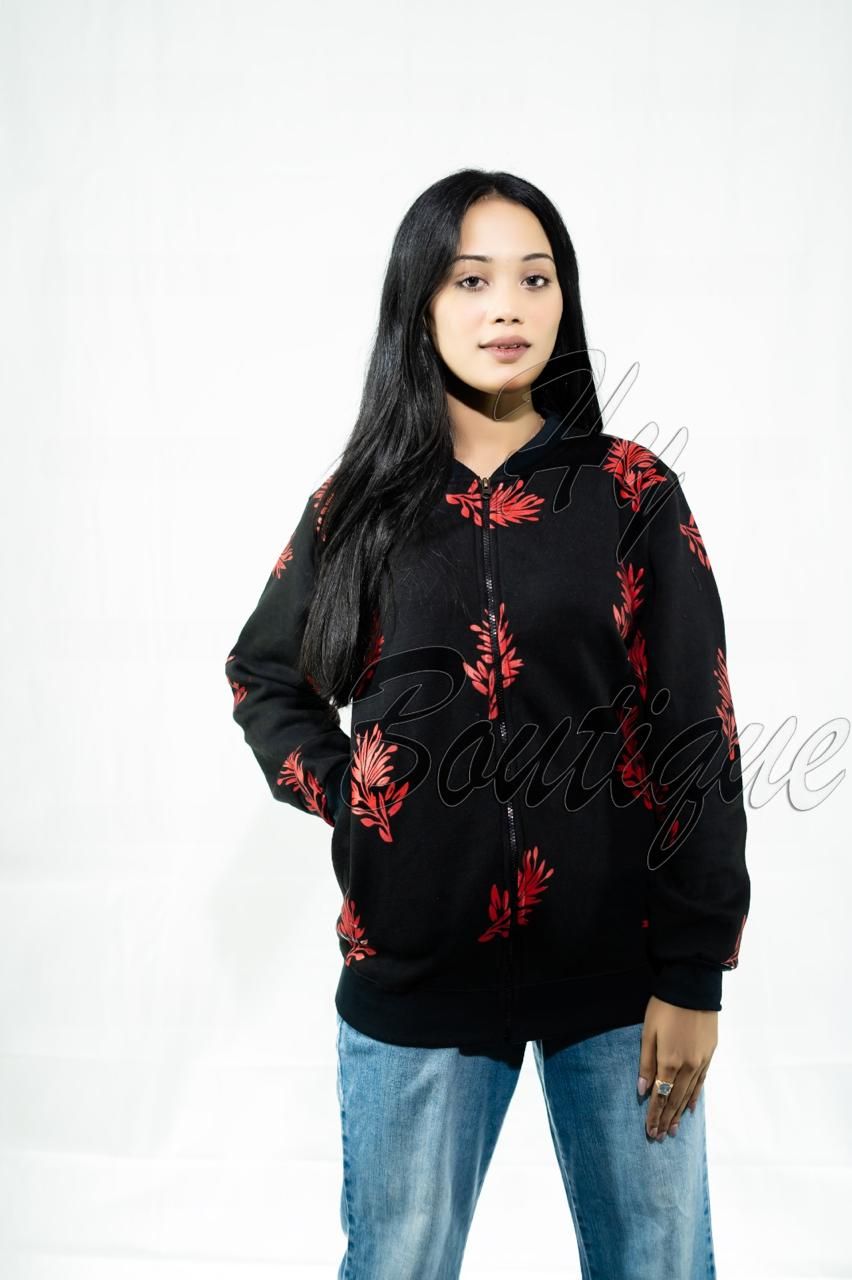 Winter Collection Women’s Red Leaf Print Jacket | Stylish & Warm Outerwear | Trendy Winter Fashion for Ladies View Gallery - Pakistan