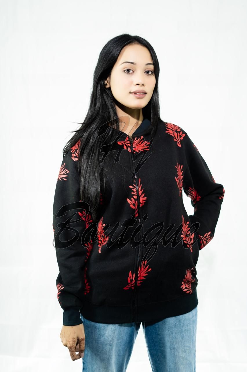 Winter Collection Women’s Red Leaf Print Jacket | Stylish & Warm Outerwear | Trendy Winter Fashion for Ladies View Gallery - Pakistan