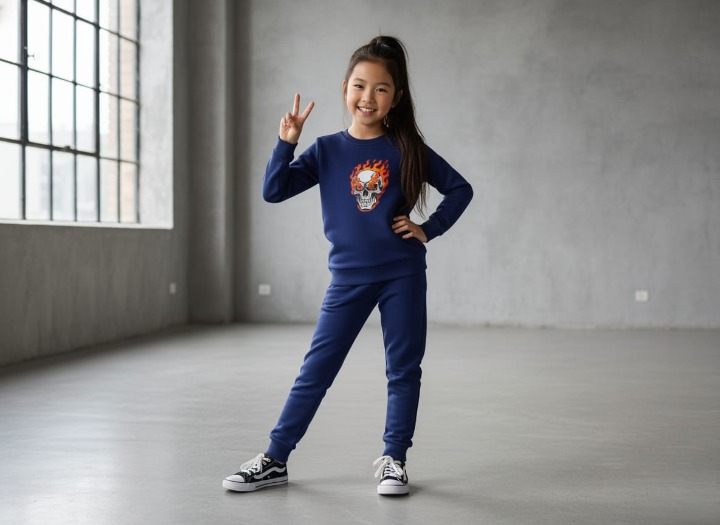 Kids Navy Blue Ghost Skull Printed Tracksuit Set | Winter Fleece Sweatshirt &amp; Trouser Outfit for Boys &amp; Girls – Warm, Trendy &amp; Cool | FOR BABY AND KIDS