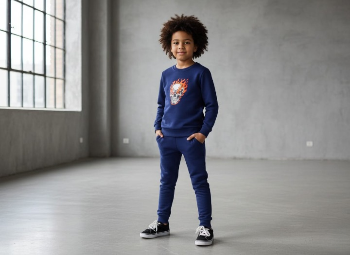 Kids Navy Blue Ghost Skull Printed Tracksuit Set | Winter Fleece Sweatshirt & Trouser Outfit for Boys & Girls – Warm, Trendy & Cool | FOR BABY AND KIDS View Gallery - Pakistan
