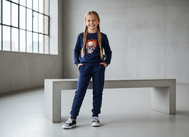 Kids Navy Blue Ghost Skull Printed Tracksuit Set | Winter Fleece Sweatshirt & Trouser Outfit for Boys & Girls – Warm, Trendy & Cool | FOR BABY AND KIDS View Gallery - Pakistan