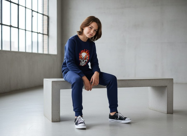 Kids Navy Blue Ghost Skull Printed Tracksuit Set | Winter Fleece Sweatshirt & Trouser Outfit for Boys & Girls – Warm, Trendy & Cool | FOR BABY AND KIDS View Gallery - Pakistan