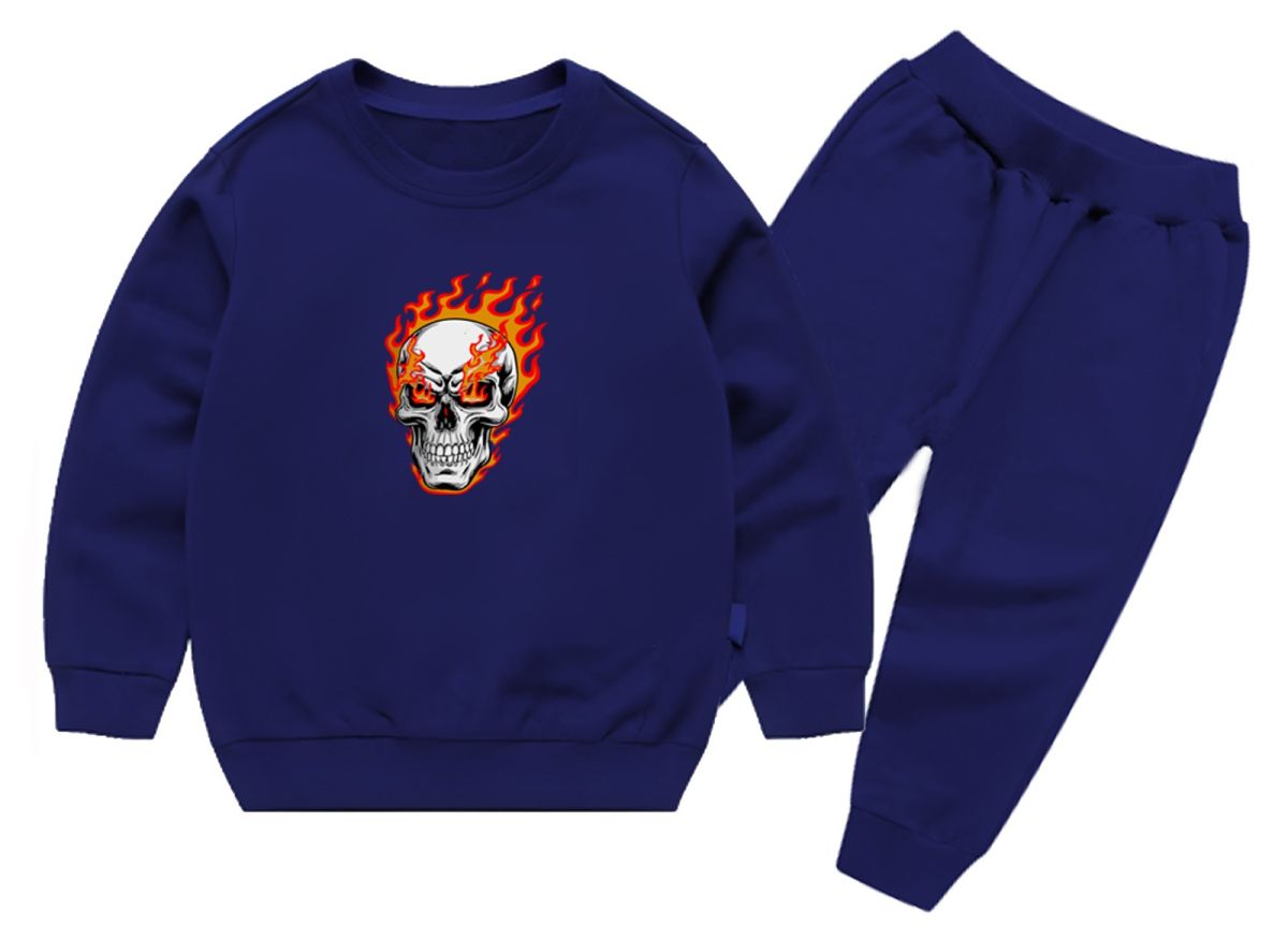 Kids Navy Blue Ghost Skull Printed Tracksuit Set | Winter Fleece Sweatshirt & Trouser Outfit for Boys & Girls – Warm, Trendy & Cool | FOR BABY AND KIDS View Gallery - Pakistan
