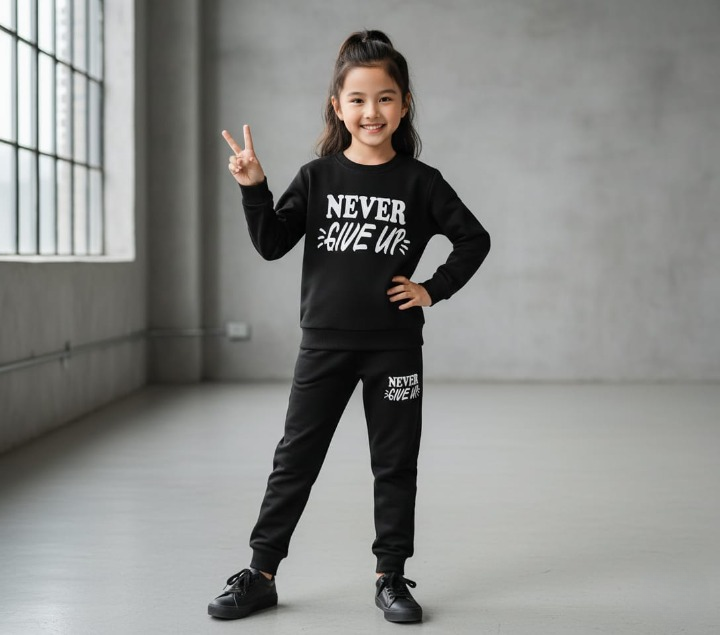 Kids “Never Give Up” Printed Black &amp; Black Tracksuit Set | Winter Fleece Sweatshirt &amp; Trouser Outfit for Boys &amp; Girls – Warm &amp; Motivational FOR BABY AND KIDS
