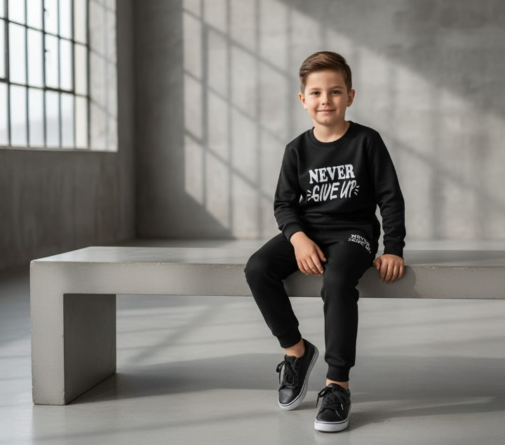 Kids “Never Give Up” Printed Black & Black Tracksuit Set | Winter Fleece Sweatshirt & Trouser Outfit for Boys & Girls – Warm & Motivational FOR BABY AND KIDS View Gallery - Pakistan