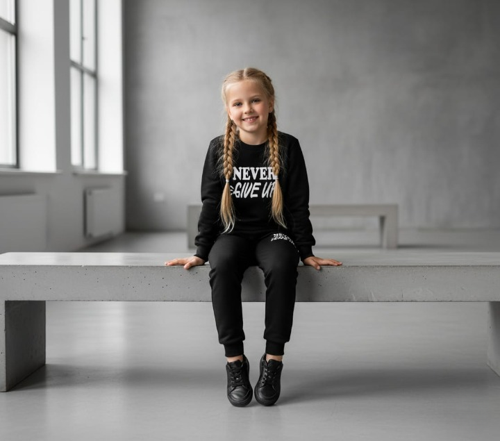 Kids “Never Give Up” Printed Black & Black Tracksuit Set | Winter Fleece Sweatshirt & Trouser Outfit for Boys & Girls – Warm & Motivational FOR BABY AND KIDS View Gallery - Pakistan
