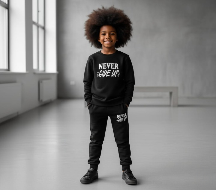 Kids “Never Give Up” Printed Black & Black Tracksuit Set | Winter Fleece Sweatshirt & Trouser Outfit for Boys & Girls – Warm & Motivational FOR BABY AND KIDS View Gallery - Pakistan