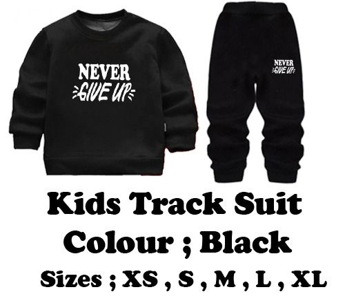 Kids “Never Give Up” Printed Black & Black Tracksuit Set | Winter Fleece Sweatshirt & Trouser Outfit for Boys & Girls – Warm & Motivational FOR BABY AND KIDS View Gallery - Pakistan