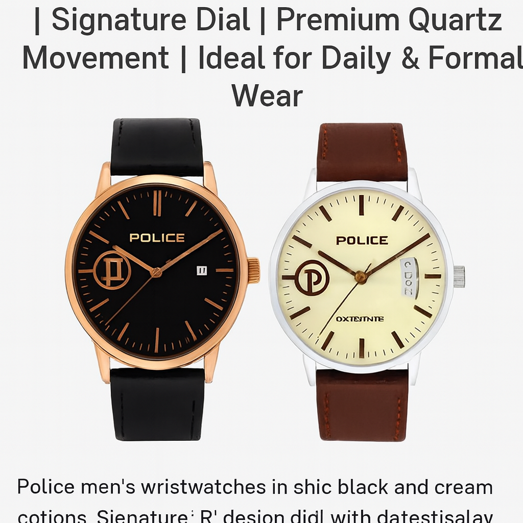 Police Watch – Elegant Design with Date Display | Rose Gold or Silver Case | Leather Strap | Quartz Movement | Water Resistant