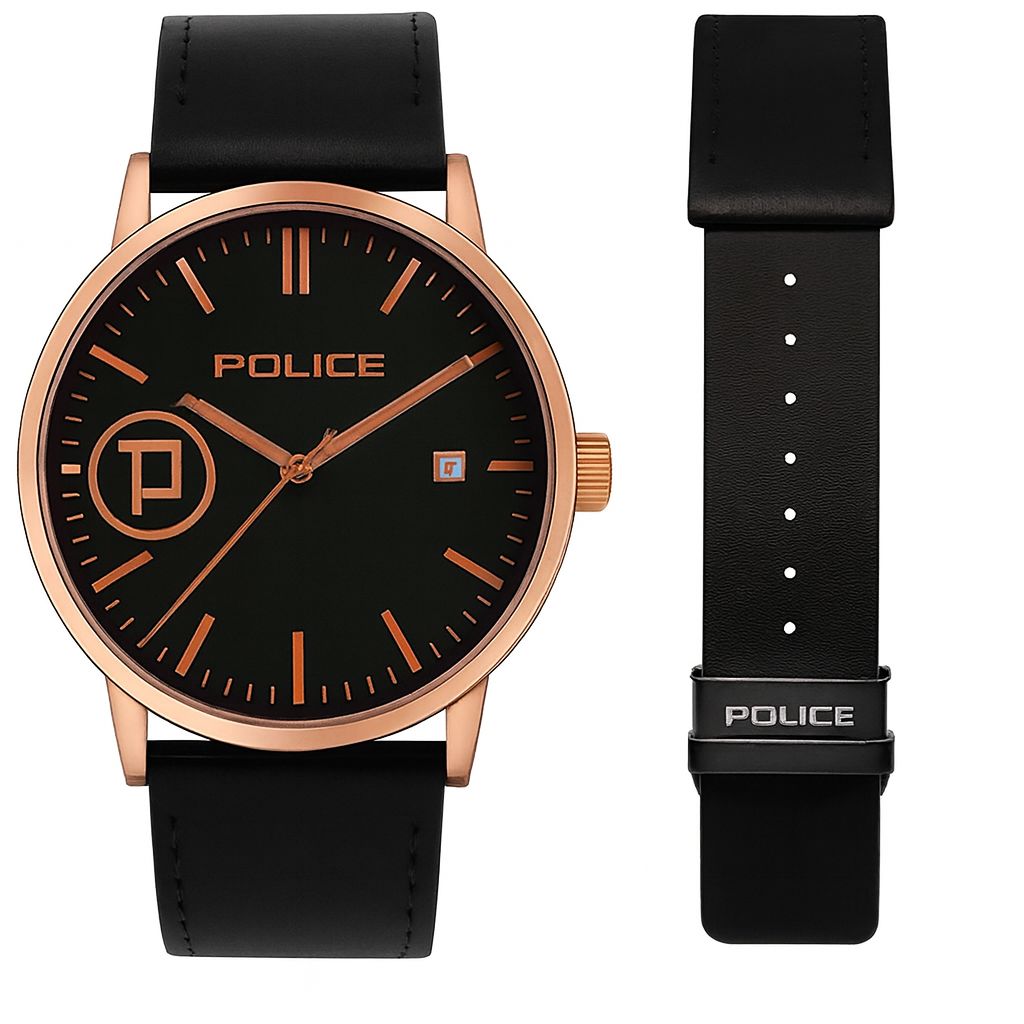 Police Watch – Elegant Design with Date Display | Rose Gold or Silver Case | Leather Strap | Quartz Movement | Water Resistant View Gallery - Pakistan