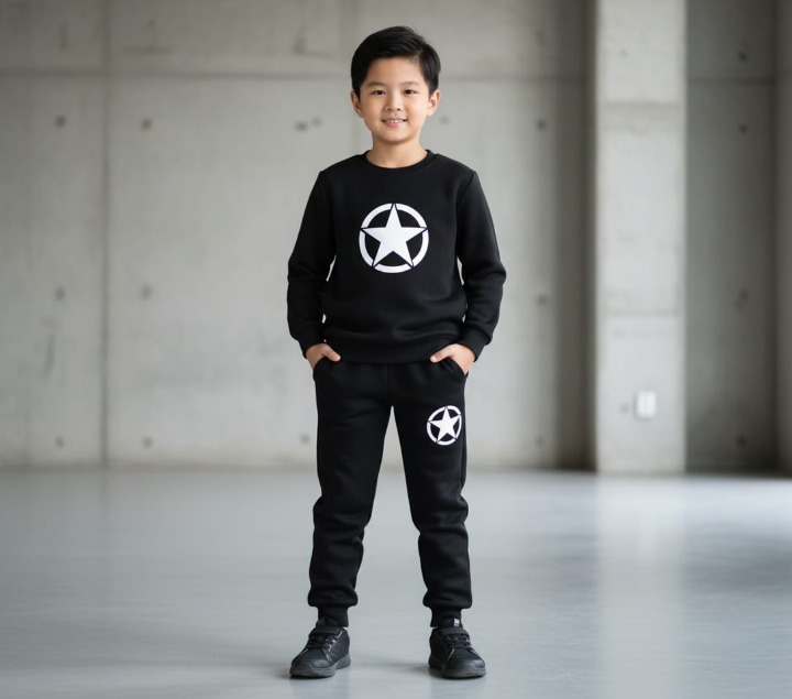 Kids Star Printed Black &amp; Black Tracksuit Set | Winter Fleece Sweatshirt &amp; Trouser Outfit for Boys &amp; Girls – Warm &amp; Trendy FOR BABY AND KIDS