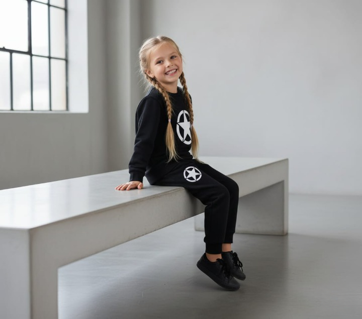 Kids Star Printed Black & Black Tracksuit Set | Winter Fleece Sweatshirt & Trouser Outfit for Boys & Girls – Warm & Trendy FOR BABY AND KIDS View Gallery - Pakistan