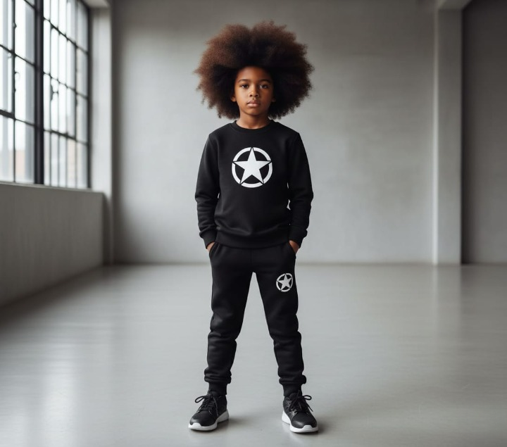Kids Star Printed Black & Black Tracksuit Set | Winter Fleece Sweatshirt & Trouser Outfit for Boys & Girls – Warm & Trendy FOR BABY AND KIDS View Gallery - Pakistan
