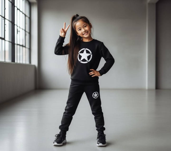 Kids Star Printed Black & Black Tracksuit Set | Winter Fleece Sweatshirt & Trouser Outfit for Boys & Girls – Warm & Trendy FOR BABY AND KIDS View Gallery - Pakistan