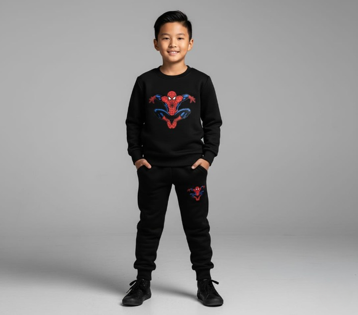 Kids Spider-Man Printed Black &amp; Black Tracksuit Set | Winter Fleece Sweatshirt &amp; Trouser Outfit for Boys &amp; Girls – Warm &amp; Trendy FOR BABY AND KIDS