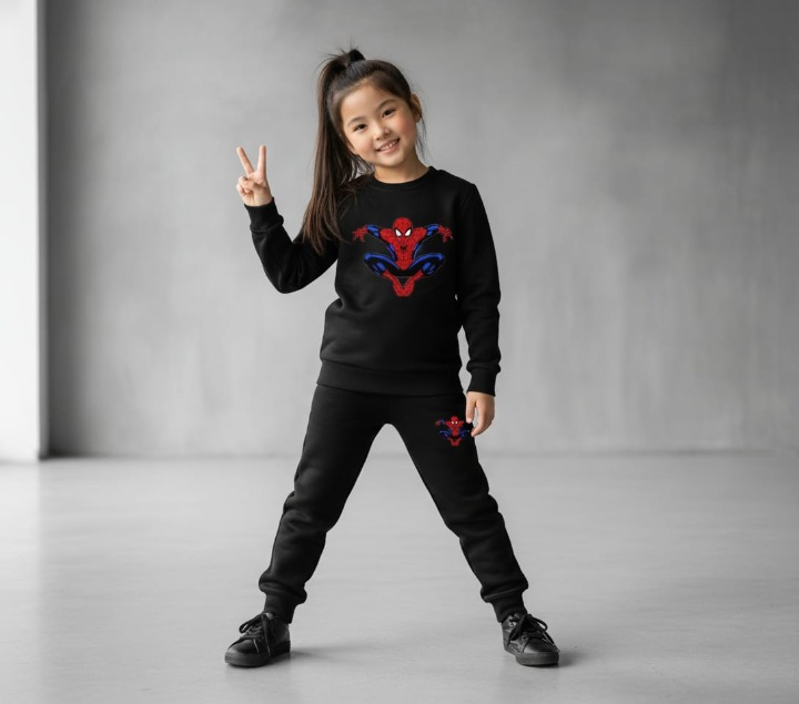 Kids Spider-Man Printed Black & Black Tracksuit Set | Winter Fleece Sweatshirt & Trouser Outfit for Boys & Girls – Warm & Trendy FOR BABY AND KIDS View Gallery - Pakistan