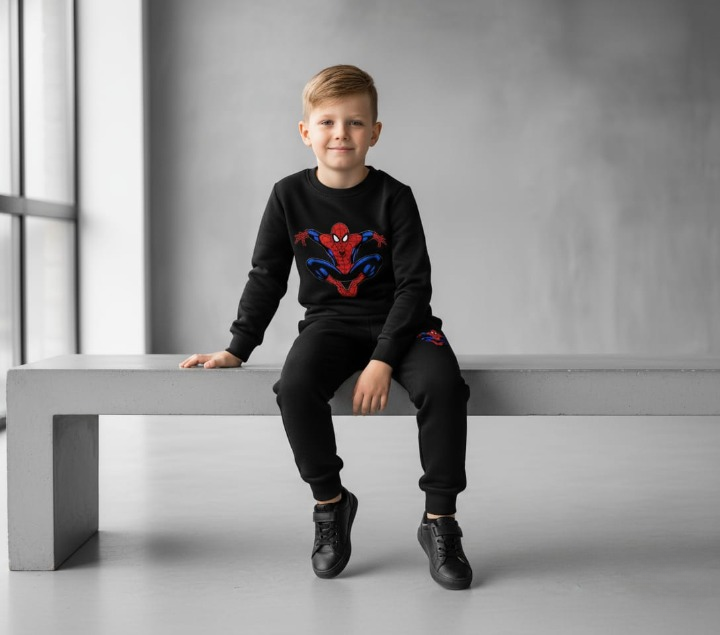 Kids Spider-Man Printed Black & Black Tracksuit Set | Winter Fleece Sweatshirt & Trouser Outfit for Boys & Girls – Warm & Trendy FOR BABY AND KIDS View Gallery - Pakistan