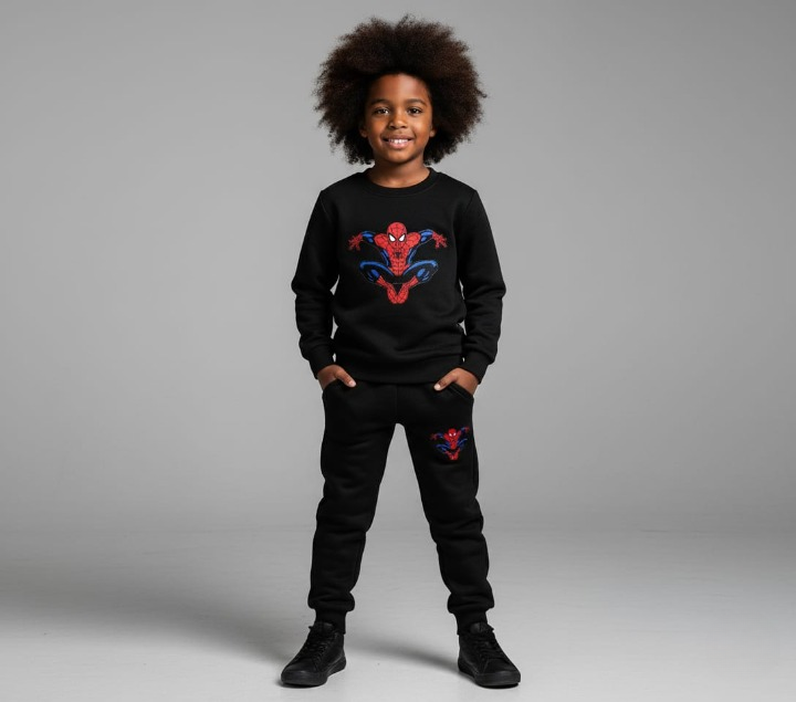 Kids Spider-Man Printed Black & Black Tracksuit Set | Winter Fleece Sweatshirt & Trouser Outfit for Boys & Girls – Warm & Trendy FOR BABY AND KIDS View Gallery - Pakistan