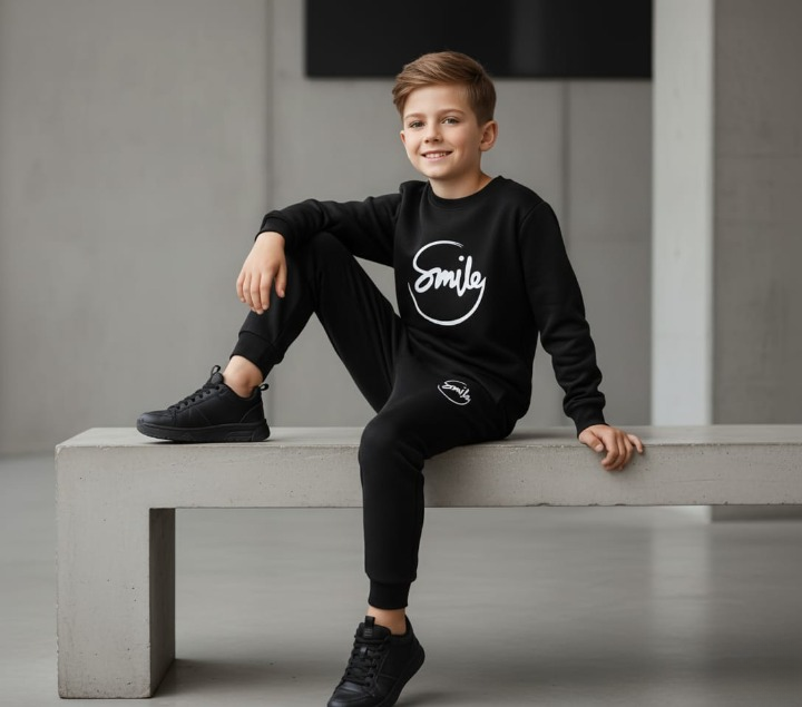 Kids SMILE Printed Stylish Black &amp; Black Tracksuit Set | Winter Fleece Sweatshirt &amp; Trouser Outfit for Boys &amp; Girls – Warm &amp; Trendy FOR BABY AND KIDS