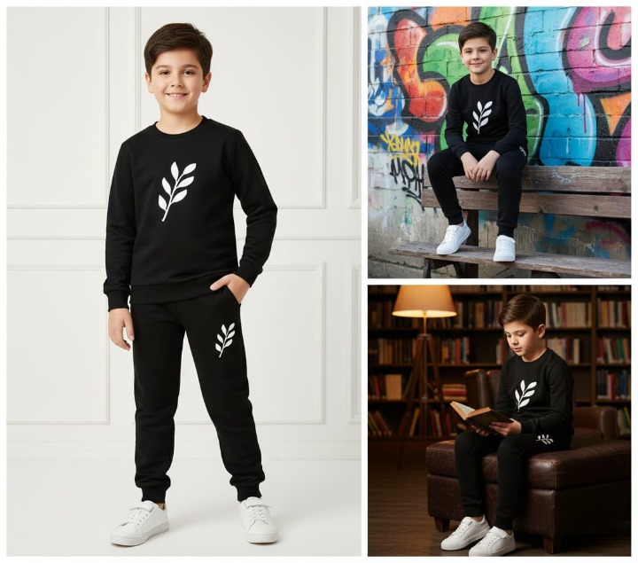 Kids Printed Stylish Black & Black Tracksuit Set | Winter Fleece Sweatshirt & Trouser Outfit for Boys & Girls – Warm & Trendy FOR BABU AND KIDS View Gallery - Pakistan