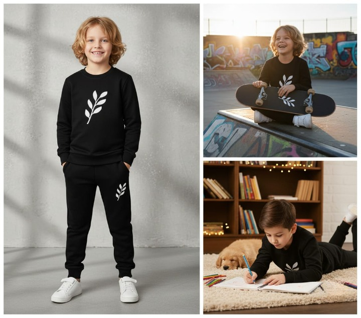 Kids Printed Stylish Black & Black Tracksuit Set | Winter Fleece Sweatshirt & Trouser Outfit for Boys & Girls – Warm & Trendy FOR BABU AND KIDS View Gallery - Pakistan
