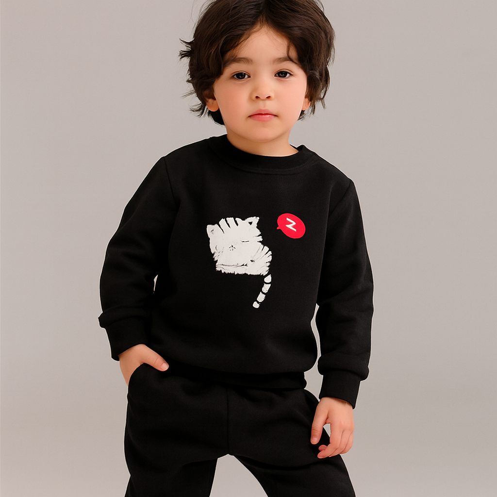 Black Cat Printed Kids Tracksuit | Winter Fleece Sweatshirt & Trouser Set for Boys & Girls – Warm, Cozy & Stylish Outfit FOR BABY AND KIDS View Gallery - Pakistan