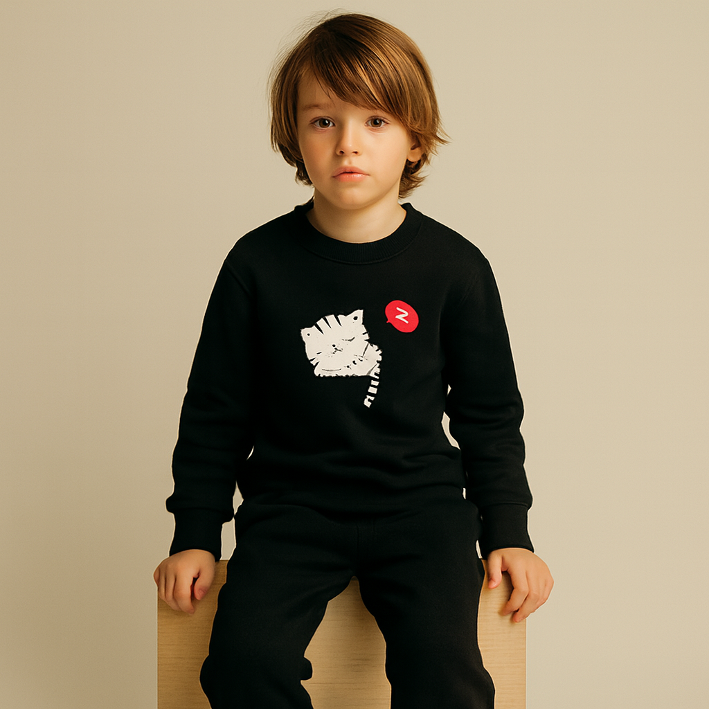 Black Cat Printed Kids Tracksuit | Winter Fleece Sweatshirt & Trouser Set for Boys & Girls – Warm, Cozy & Stylish Outfit FOR BABY AND KIDS View Gallery - Pakistan
