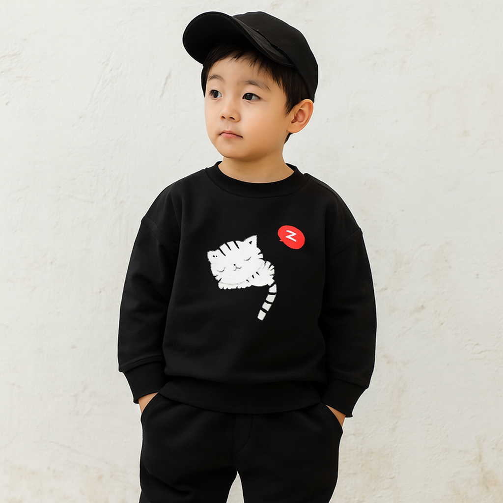 Black Cat Printed Kids Tracksuit | Winter Fleece Sweatshirt & Trouser Set for Boys & Girls – Warm, Cozy & Stylish Outfit FOR BABY AND KIDS View Gallery - Pakistan
