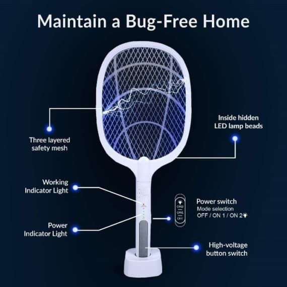 Rechargeable Mosquito Racket With Stand – Electric Insect Killer Bat For Indoor And Outdoor Use (Random Color) View Gallery - Pakistan