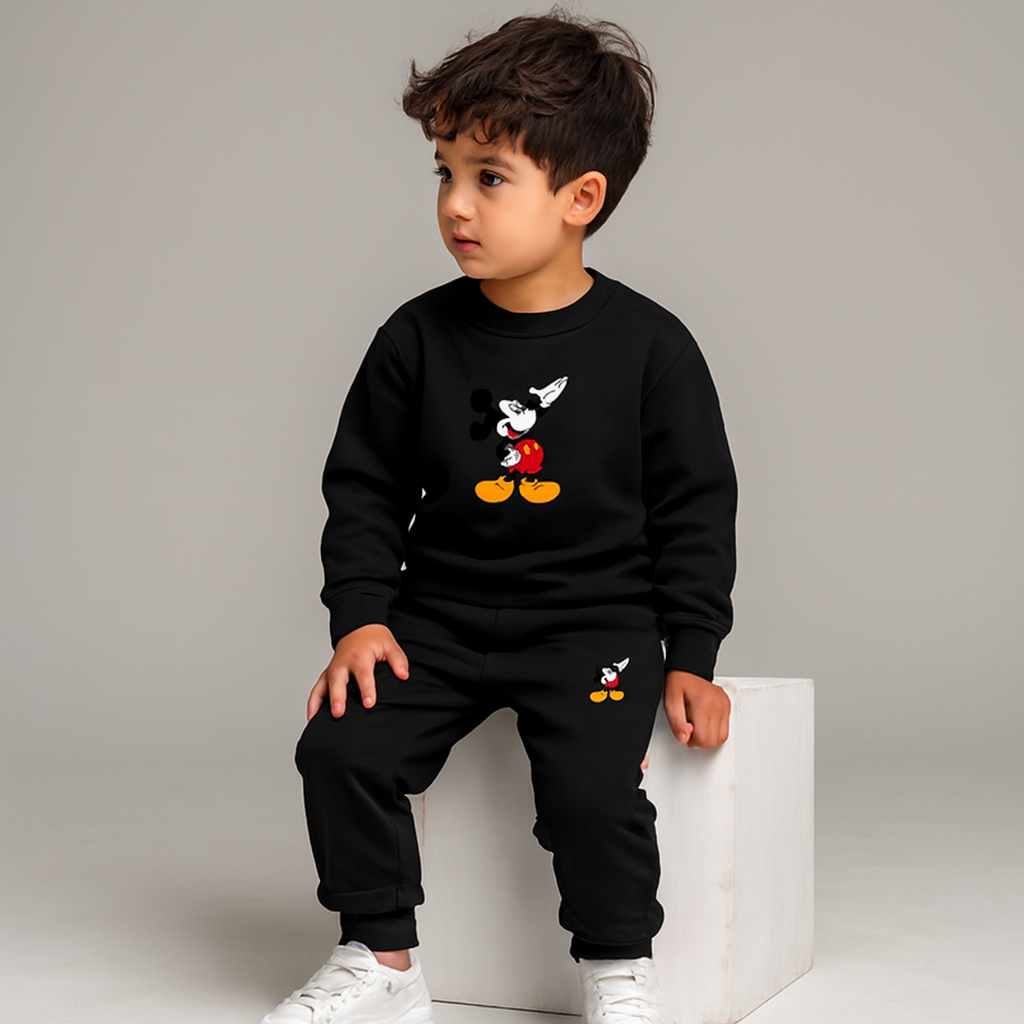Black Mickey Mouse Printed Kids Tracksuit | Winter Fleece Sweatshirt &amp; Trouser Set for Boys &amp; Girls – Warm &amp; Stylish Outfit  FOR BABY AND KIDS