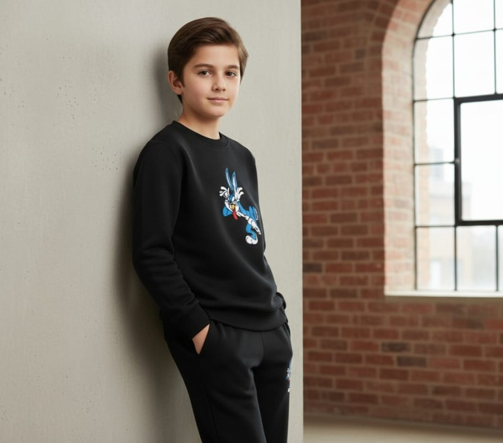 Black Bunny Printed Kids Tracksuit | Winter Fleece Sweatshirt &amp; Trouser Set for Boys &amp; Girls – Warm &amp; Comfy Outfit FOR BABY AND KIDS