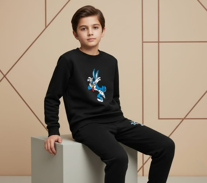 Black Bunny Printed Kids Tracksuit | Winter Fleece Sweatshirt & Trouser Set for Boys & Girls – Warm & Comfy Outfit FOR BABY AND KIDS View Gallery - Pakistan